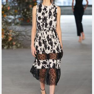 NWT Jason Wu Collection Blur Floral-Print Lace-Inset Plisse Midi Dress-D13